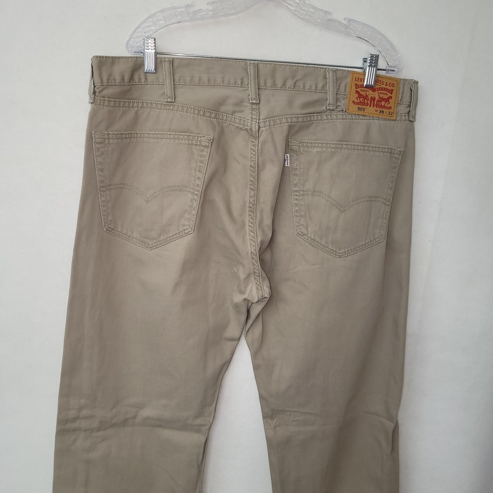 Levi's 505 Regular Fit Pants Mens 38x32 Khaki Tan Straight Leg Twill Flaw READ - Picture 12 of 13